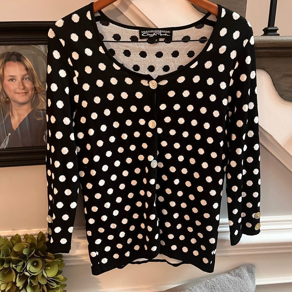 Windridge Cheryl Nash Black Polka Dot Cardigan Sweater sz S